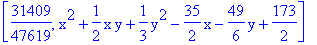 [31409/47619, x^2+1/2*x*y+1/3*y^2-35/2*x-49/6*y+173/2]